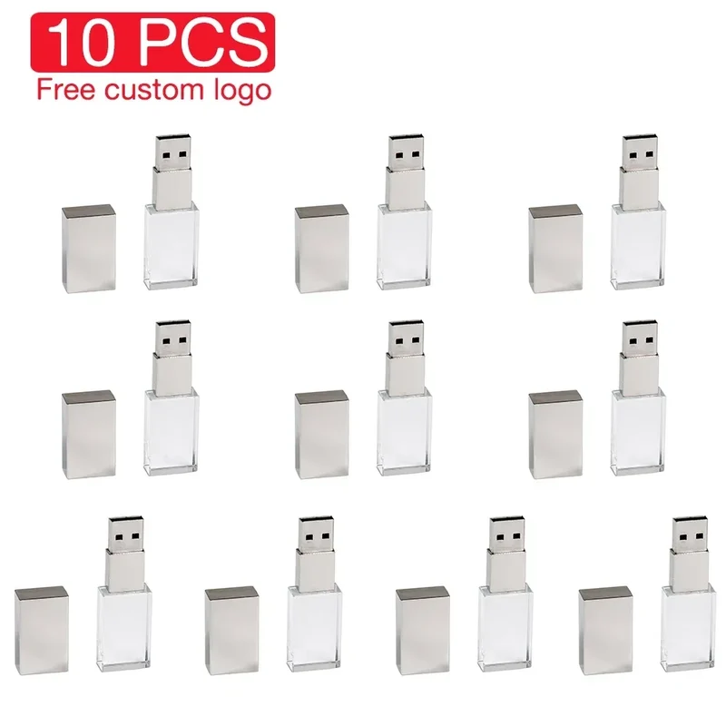 10PCS/LOT Crystal USB 2.0 Wedding Gift Flash Drives Free Custom Logo Pen Drive 100% Real Capacity Stick 128GB 8GB 16GB 32GB 64GB