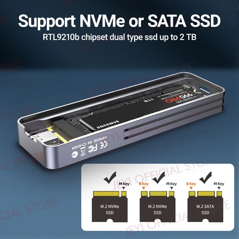JEYI Visual Smart M.2 NVMe NGFF SSD Enclosure, Supports 5s Write Protection, 3s Re-connect, USB 3.2 Gen2 10Gbps, UASP Trim