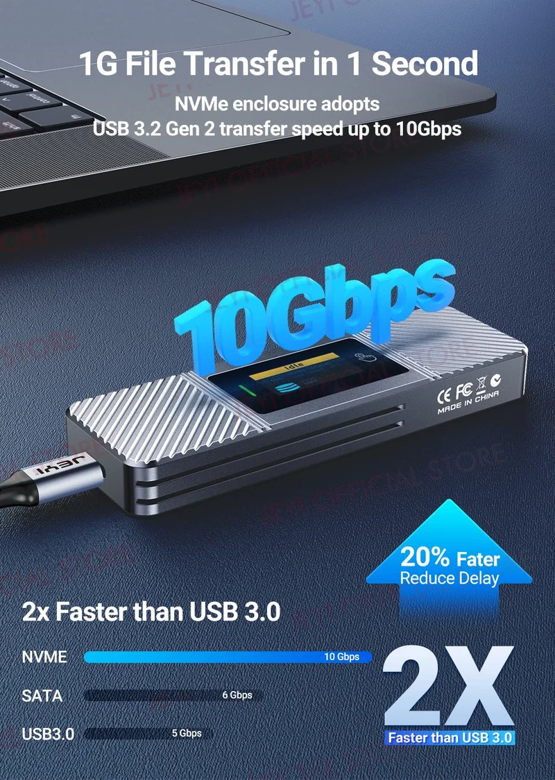 JEYI Visual Smart M.2 NVMe NGFF SSD Enclosure, Supports 5s Write Protection, 3s Re-connect, USB 3.2 Gen2 10Gbps, UASP Trim