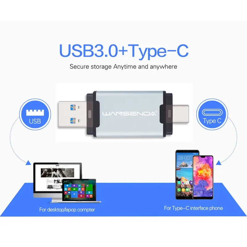 WANSENDA 128GB TYPE C USB 3.0 Flash Drive Pen Drive 32GB 64GB 256GB 512GB High Speed Pendrive for HUAWEI TYPE-C Mobile/PC