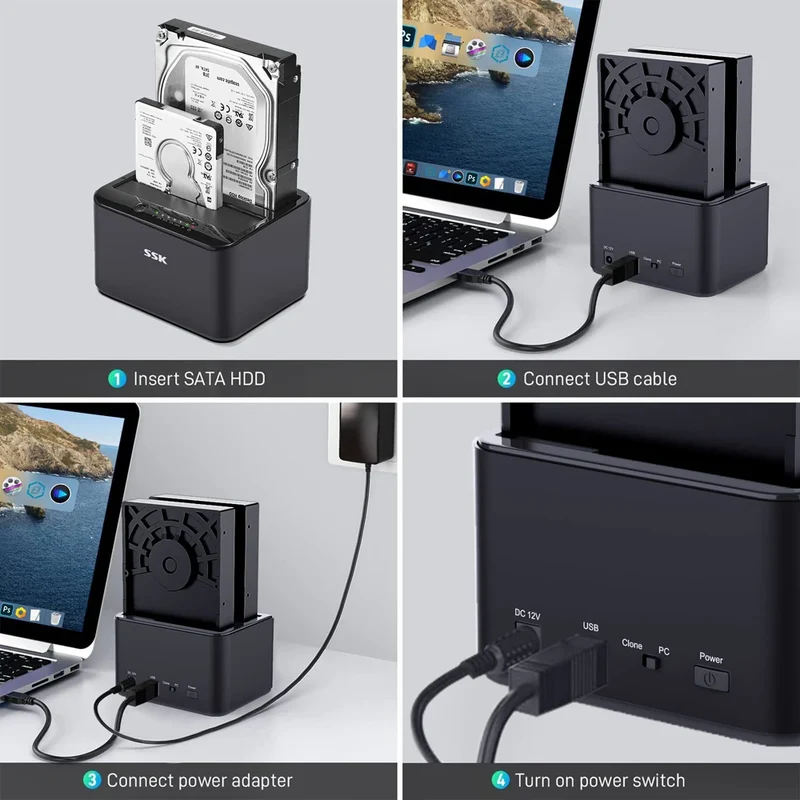 SSK Hard Drive Docking Station Dual Bay External HDD Dock for 2.5/3.5 Inch SATA HDD SSD with Offline Cloner/Duplicator Function