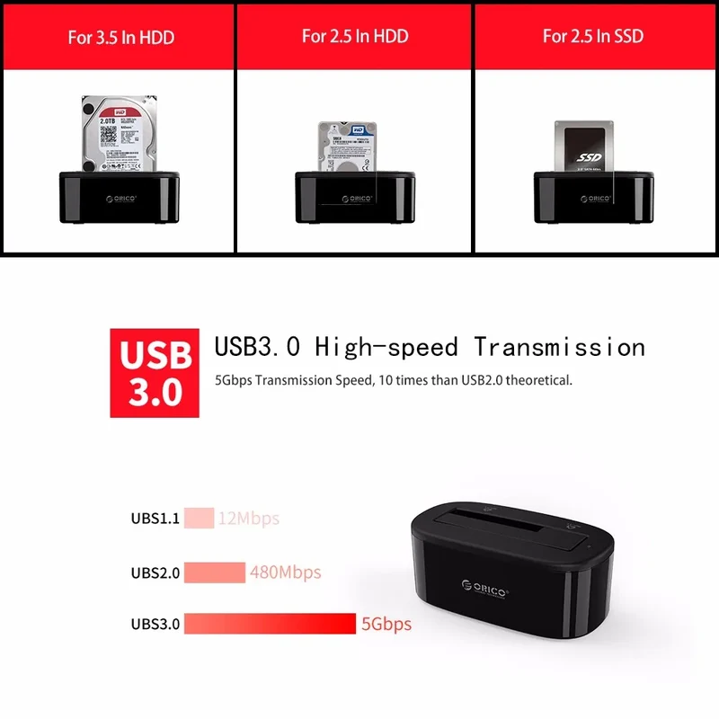 ORICO Hard Drive Docking Station USB 3.0 To SATA HDD Docking Station for 2.5/3.5 Inch SATA HDD Enclosure and SSD Hard Drive Dock