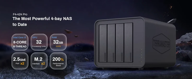 TERRAMASTER F4-424 Pro NAS Storage – 4Bay Core i3 8-Core 8-Thread CPU, 32GB DDR5 RAM, Network Attached Storage (Diskless)