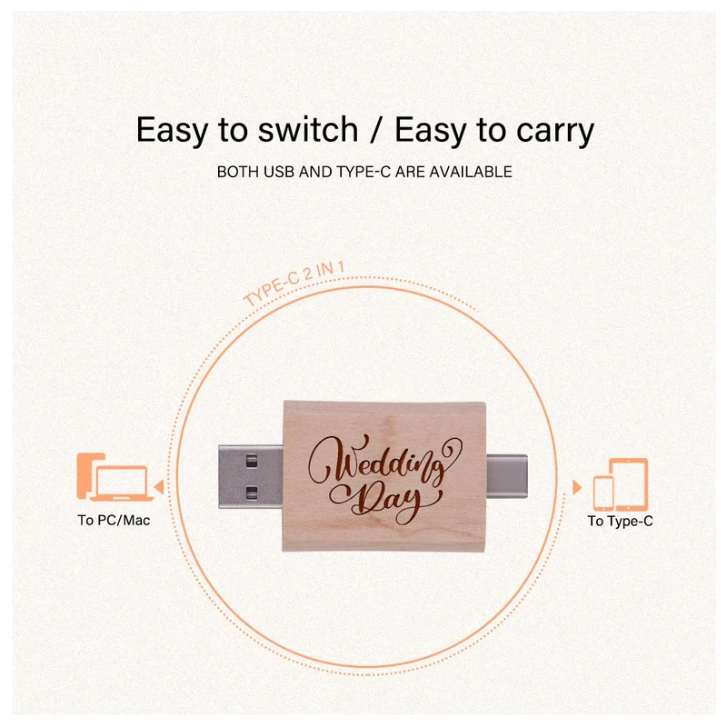 2 IN 1 TYPE-C USB 3.0 Flash Drive 128GB Free Custom Logo Pen Drive 64GB Wooden Pendant Memory Stick 32GB Creative Wedding Gift
