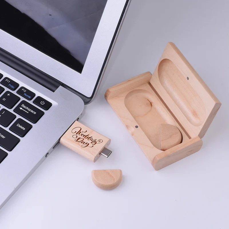 2 IN 1 TYPE-C USB 3.0 Flash Drive 128GB Free Custom Logo Pen Drive 64GB Wooden Pendant Memory Stick 32GB Creative Wedding Gift