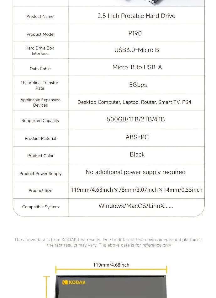 KODAK P190 Portable External Hard Drive 500GB 1TB USB 3.0 HDD Mechanical Mobile Disk for PC Laptop Gaming Storage