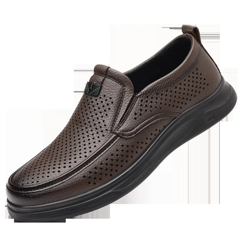 Summer Men's Shoes for Middle-Aged and Elderly People, Genuine Leather Breathable Men's Sandals, Leather Shoes, Soft Soles, Hollow Casual Shoes, Clogs