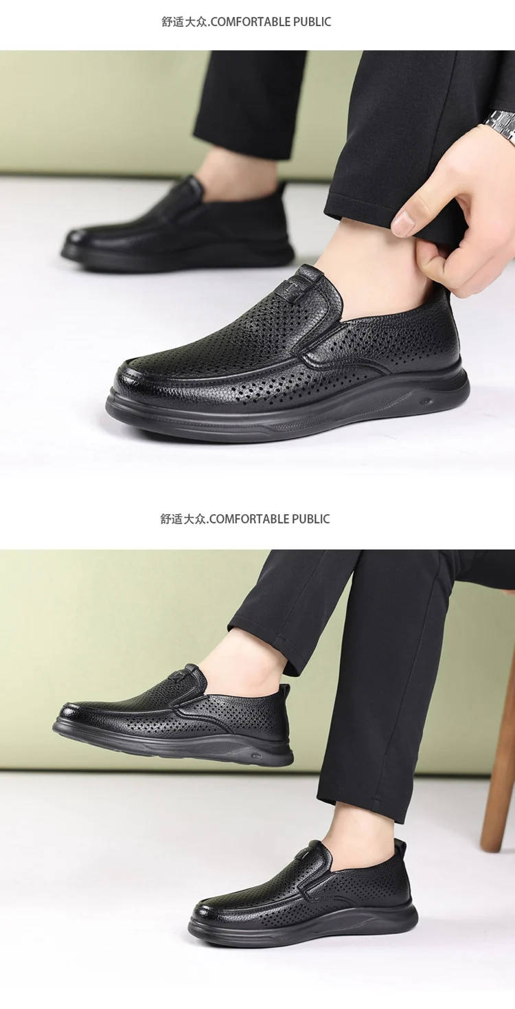 Summer Men's Shoes for Middle-Aged and Elderly People, Genuine Leather Breathable Men's Sandals, Leather Shoes, Soft Soles, Hollow Casual Shoes, Clogs