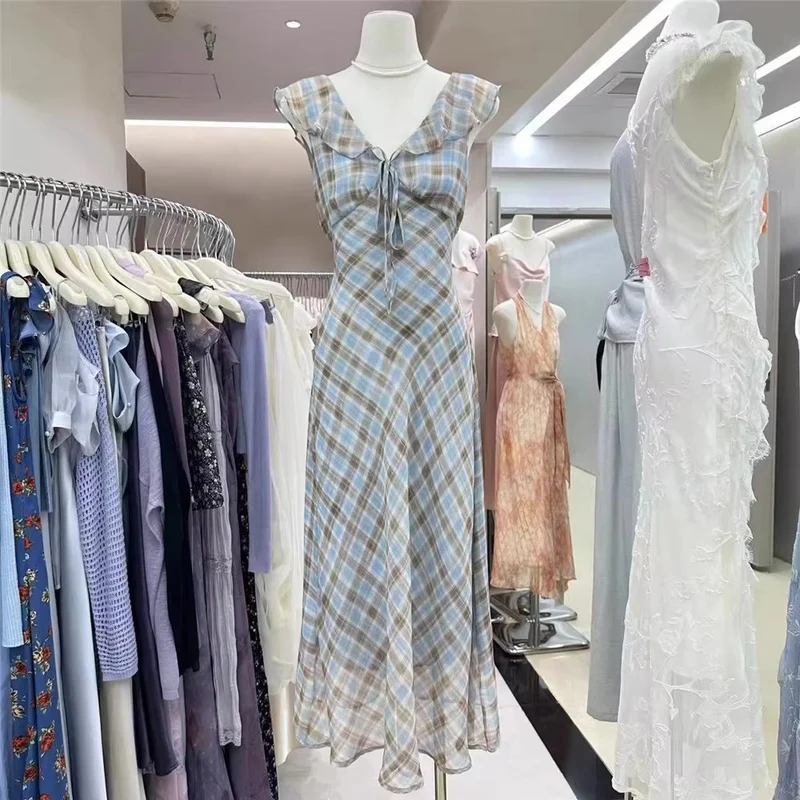 Fashion New Summer French Elegant Temperament Gentle Ruffled Plaid Dress Women's Summer Slimming Age-Reducing Long Dress