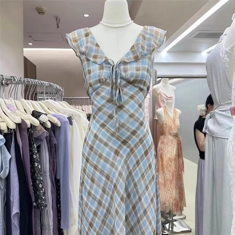 Fashion New Summer French Elegant Temperament Gentle Ruffled Plaid Dress Women's Summer Slimming Age-Reducing Long Dress