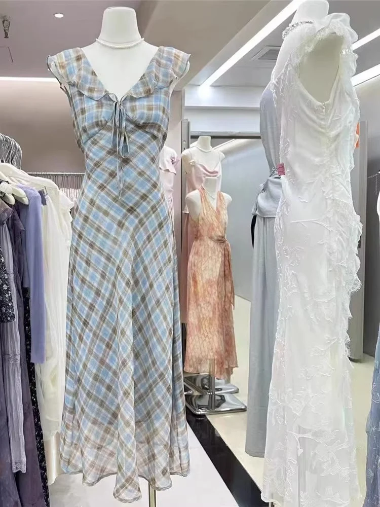Fashion New Summer French Elegant Temperament Gentle Ruffled Plaid Dress Women's Summer Slimming Age-Reducing Long Dress