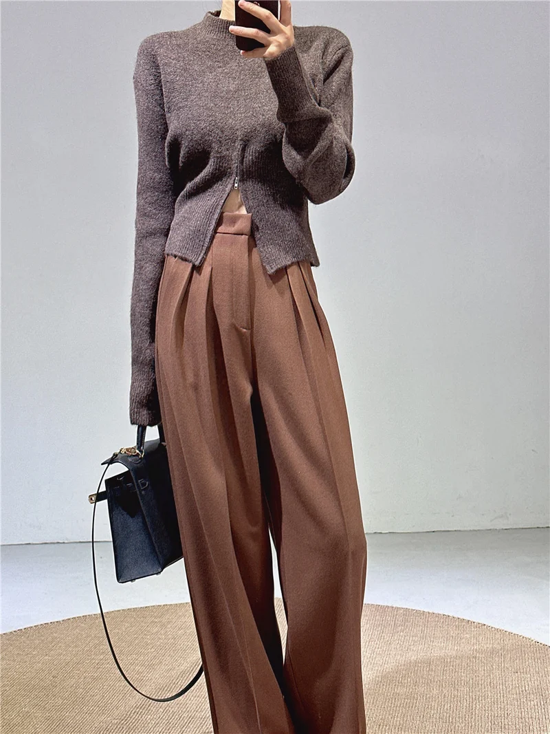 Spring and Autumn New Style Old Money Style Brown Coffee Color Suit Pants for Women, Wide-Leg Pants with Drape Effect, Slimming, Extended Length for Tall Individuals, Straight-Leg Pants