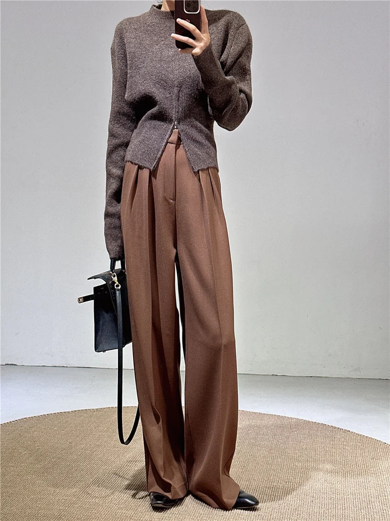 Spring and Autumn New Style Old Money Style Brown Coffee Color Suit Pants for Women, Wide-Leg Pants with Drape Effect, Slimming, Extended Length for Tall Individuals, Straight-Leg Pants