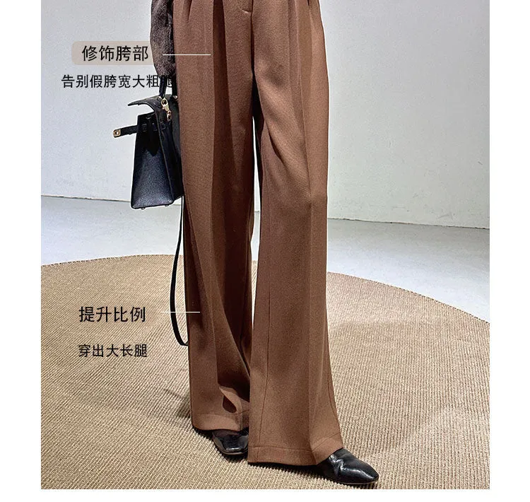 Spring and Autumn New Style Old Money Style Brown Coffee Color Suit Pants for Women, Wide-Leg Pants with Drape Effect, Slimming, Extended Length for Tall Individuals, Straight-Leg Pants