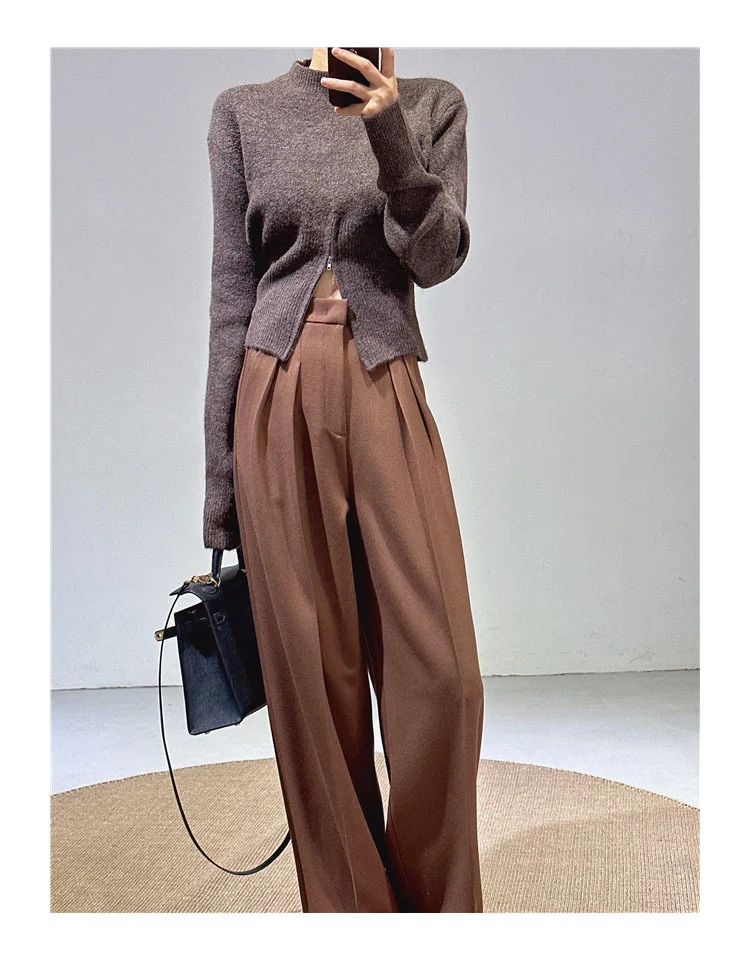 Spring and Autumn New Style Old Money Style Brown Coffee Color Suit Pants for Women, Wide-Leg Pants with Drape Effect, Slimming, Extended Length for Tall Individuals, Straight-Leg Pants