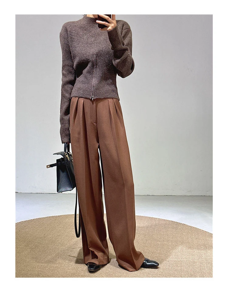 Spring and Autumn New Style Old Money Style Brown Coffee Color Suit Pants for Women, Wide-Leg Pants with Drape Effect, Slimming, Extended Length for Tall Individuals, Straight-Leg Pants