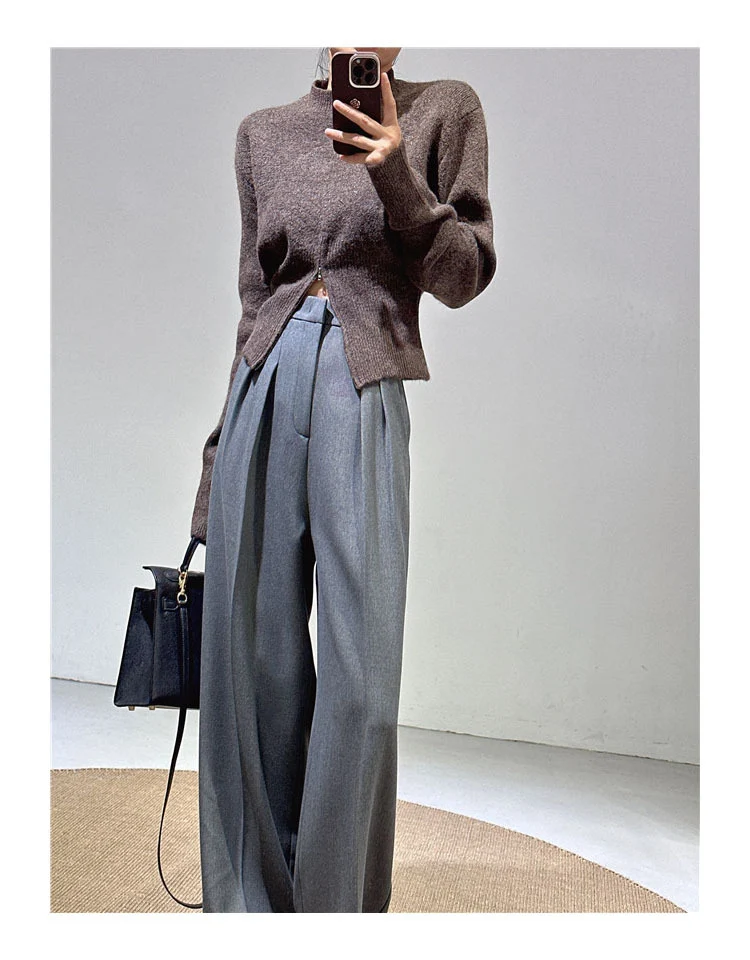 Spring and Autumn New Style Old Money Style Brown Coffee Color Suit Pants for Women, Wide-Leg Pants with Drape Effect, Slimming, Extended Length for Tall Individuals, Straight-Leg Pants