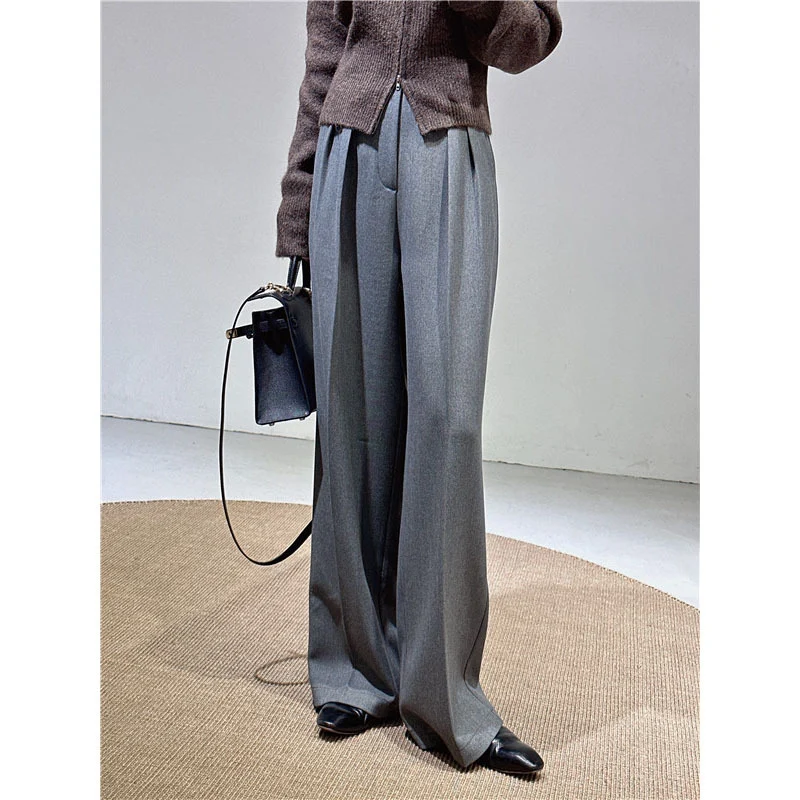 Spring and Autumn New Style Old Money Style Brown Coffee Color Suit Pants for Women, Wide-Leg Pants with Drape Effect, Slimming, Extended Length for Tall Individuals, Straight-Leg Pants