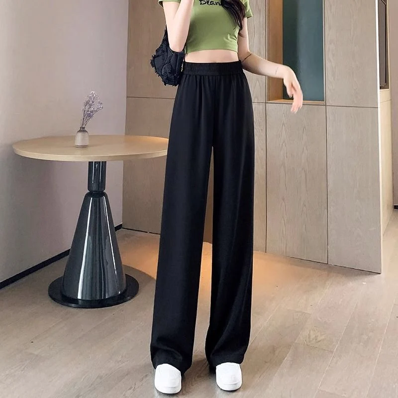 Ice Silk Thin Narrow Wide-Leg Suit Pants for Women, Summer Casual Pear-Shaped Body Slimming Drape Straight Sunscreen Pants