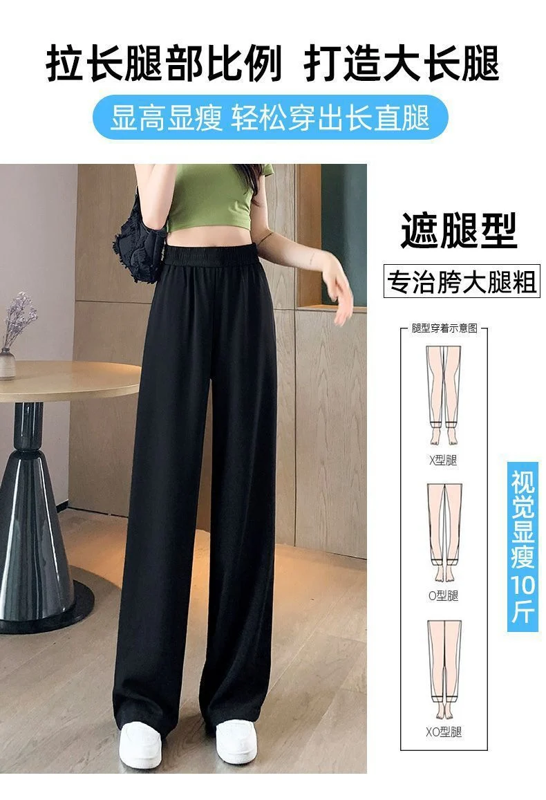 Ice Silk Thin Narrow Wide-Leg Suit Pants for Women, Summer Casual Pear-Shaped Body Slimming Drape Straight Sunscreen Pants