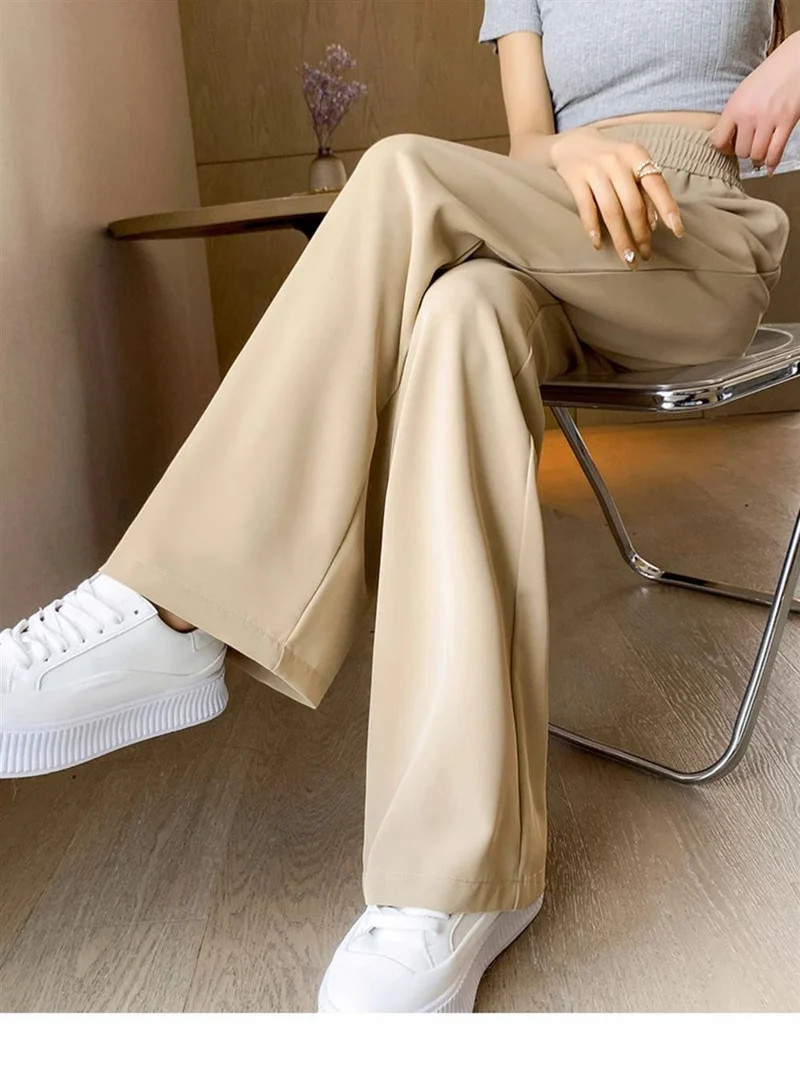 Ice Silk Thin Narrow Wide-Leg Suit Pants for Women, Summer Casual Pear-Shaped Body Slimming Drape Straight Sunscreen Pants