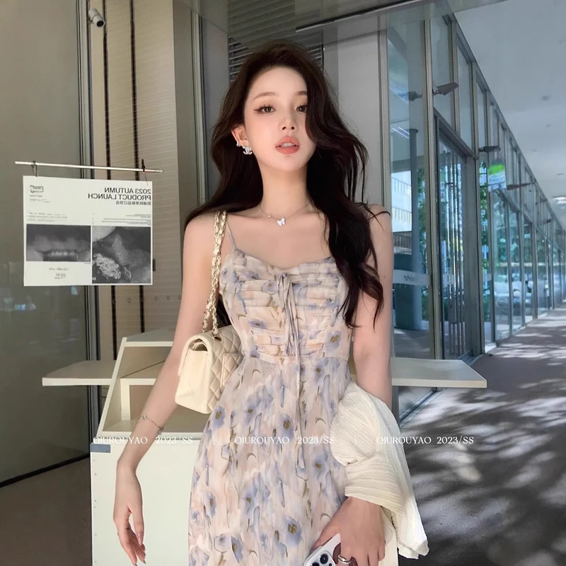 French Style Waisted Gentle Floral dress Women's Seaside Beach Vacation Fairy dress Elegant Pure Slip Dress