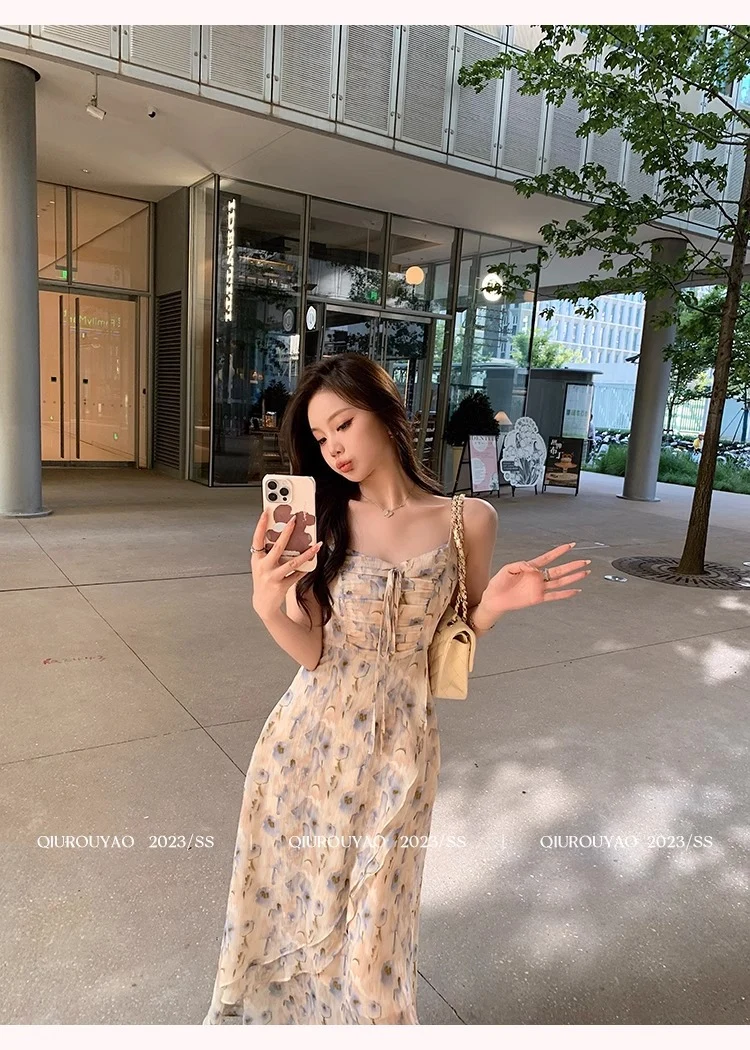 French Style Waisted Gentle Floral dress Women's Seaside Beach Vacation Fairy dress Elegant Pure Slip Dress