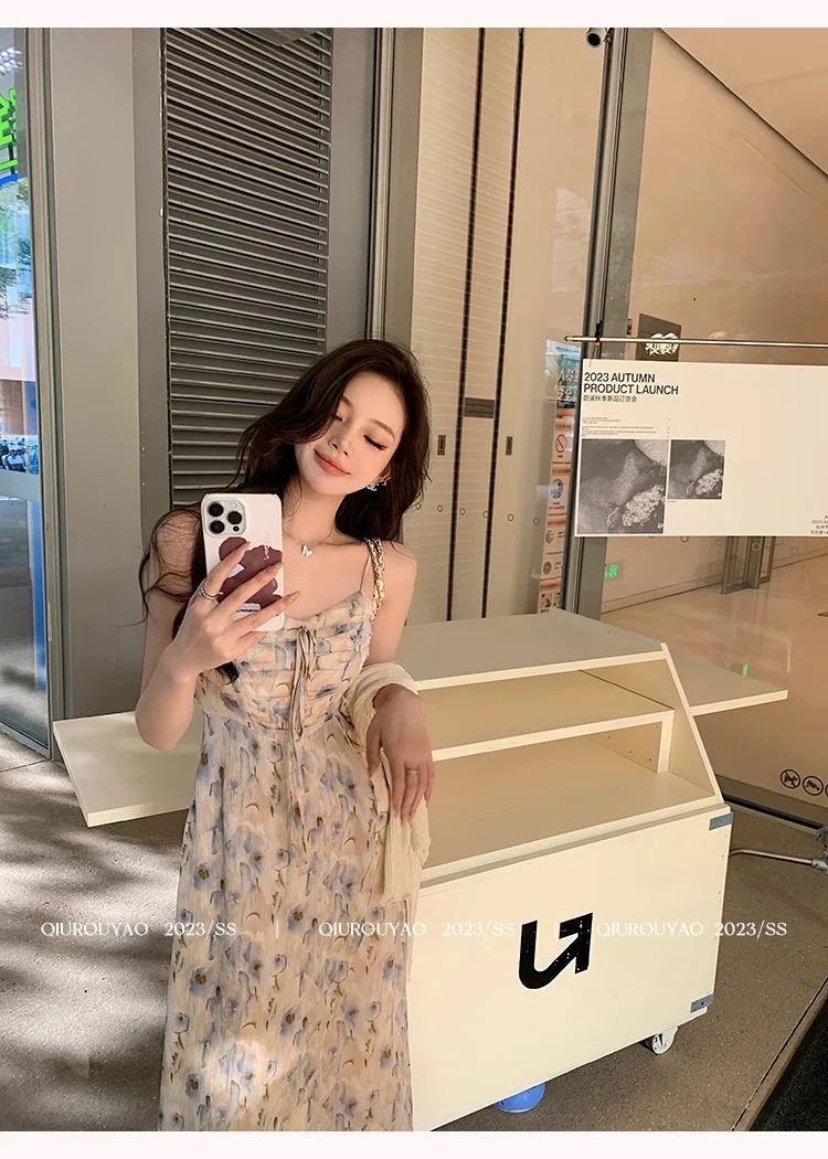 French Style Waisted Gentle Floral dress Women's Seaside Beach Vacation Fairy dress Elegant Pure Slip Dress
