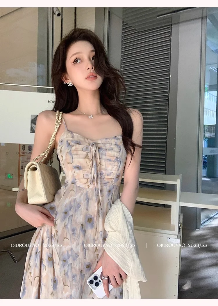 French Style Waisted Gentle Floral dress Women's Seaside Beach Vacation Fairy dress Elegant Pure Slip Dress