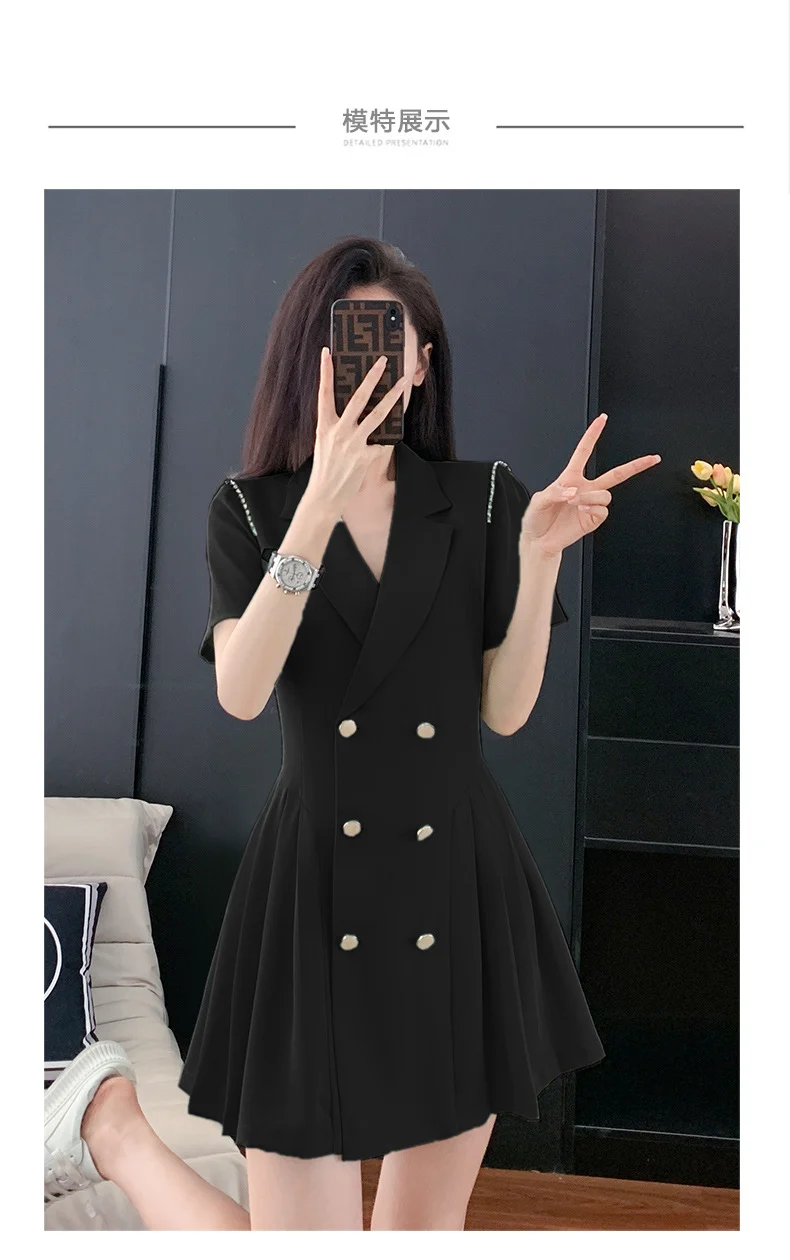 French Hepburn Style Small Black Dress High Sense High Cold Royal Sister Fried Street Small Fragrance Style Pleated Professional Suit dress Summer