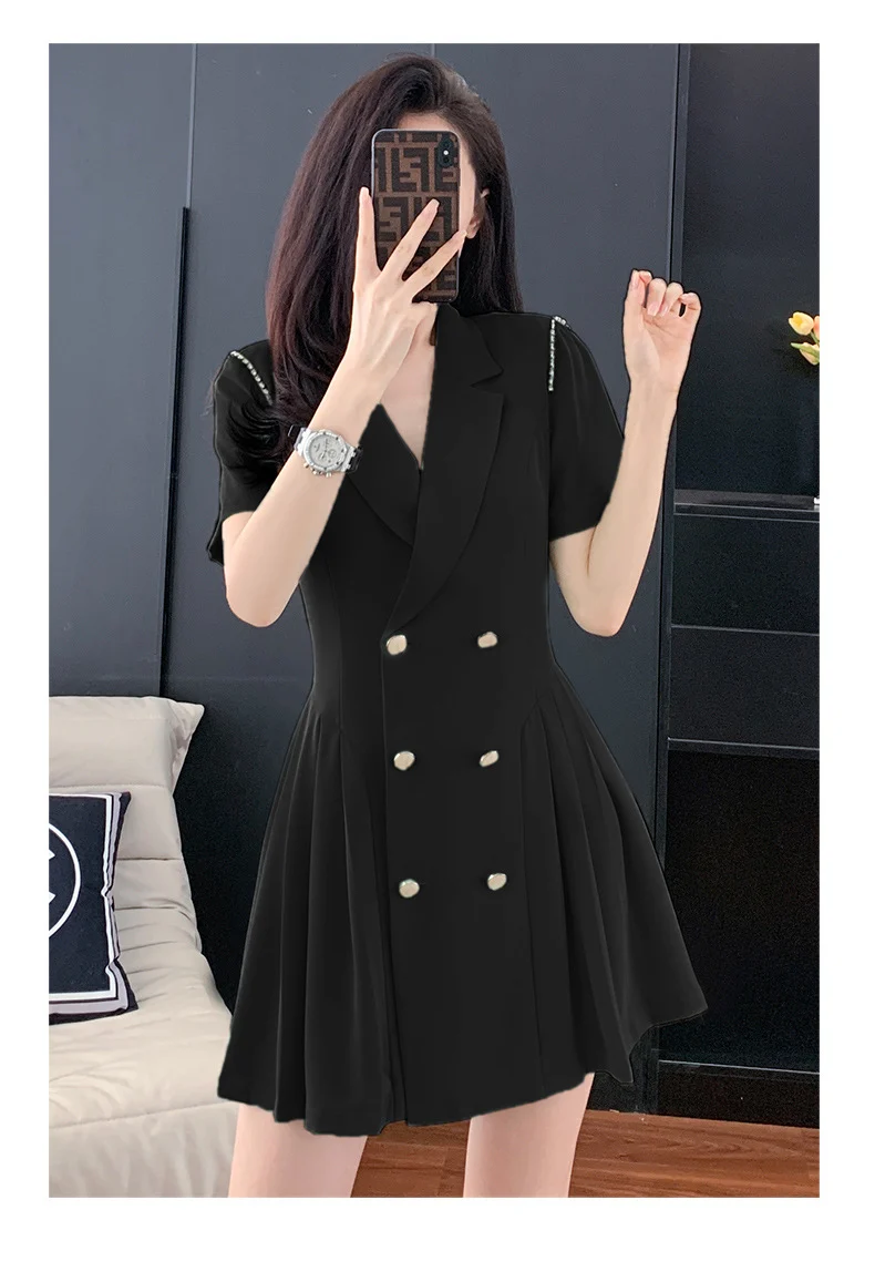 French Hepburn Style Small Black Dress High Sense High Cold Royal Sister Fried Street Small Fragrance Style Pleated Professional Suit dress Summer