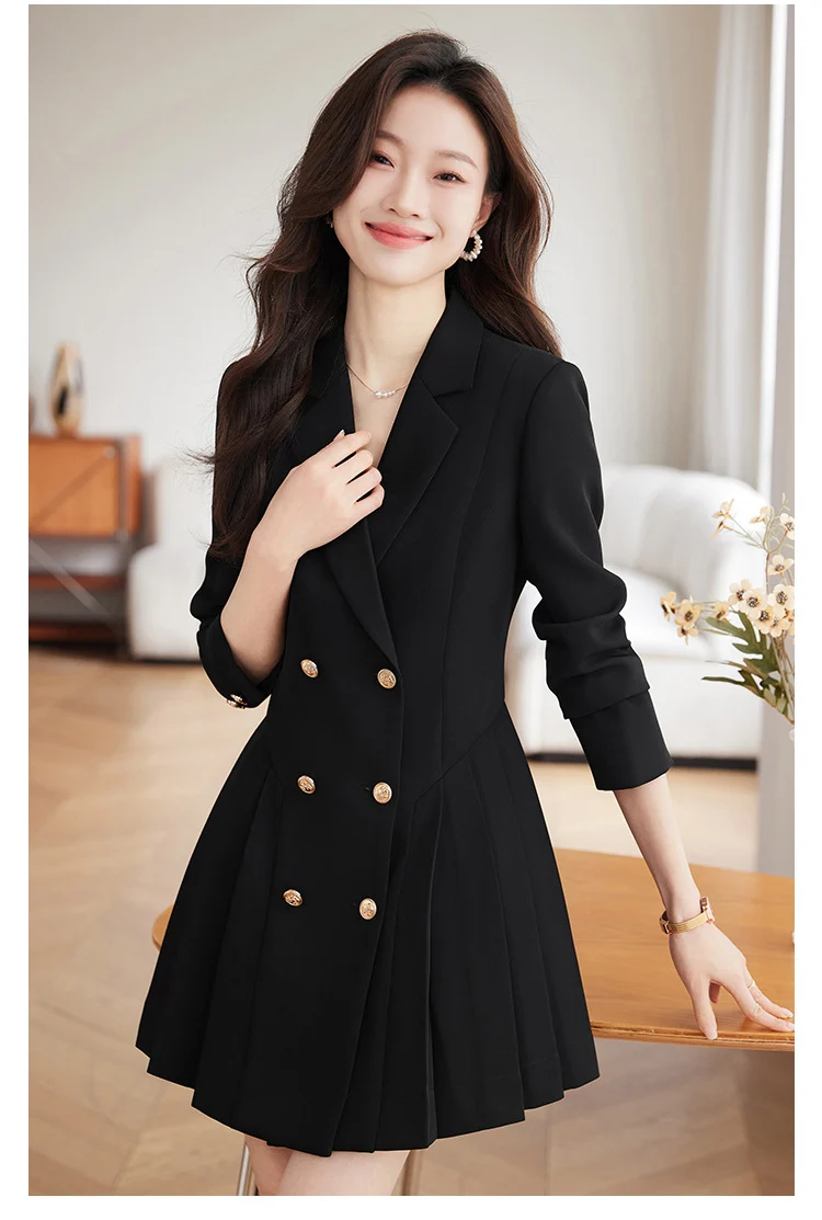 French Hepburn Style Small Black Dress High Sense High Cold Royal Sister Fried Street Small Fragrance Style Pleated Professional Suit dress Summer