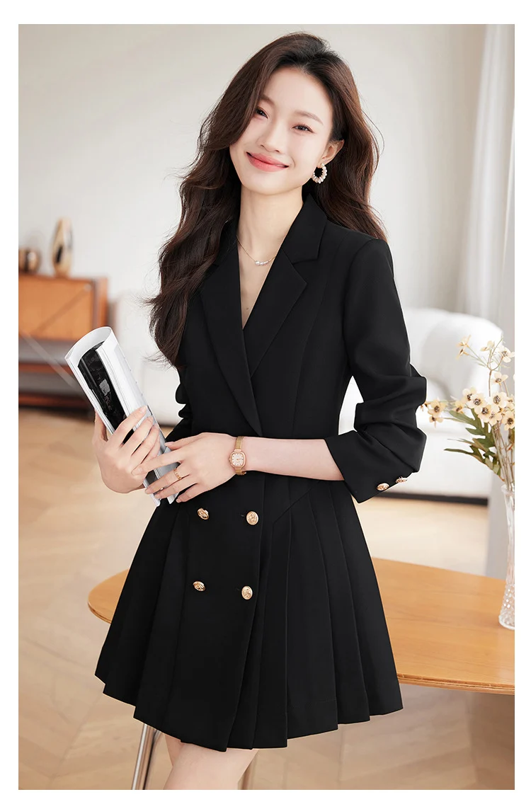 French Hepburn Style Small Black Dress High Sense High Cold Royal Sister Fried Street Small Fragrance Style Pleated Professional Suit dress Summer