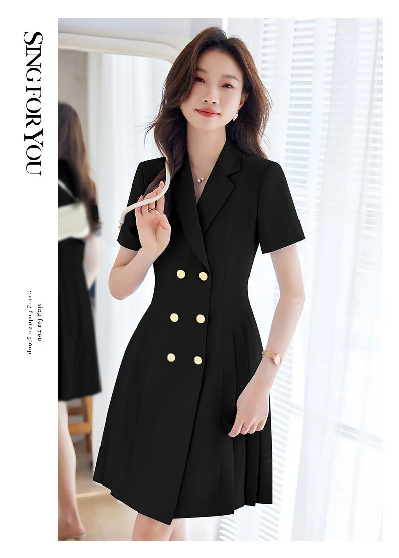 French Hepburn Style Small Black Dress High Sense High Cold Royal Sister Fried Street Small Fragrance Style Pleated Professional Suit dress Summer