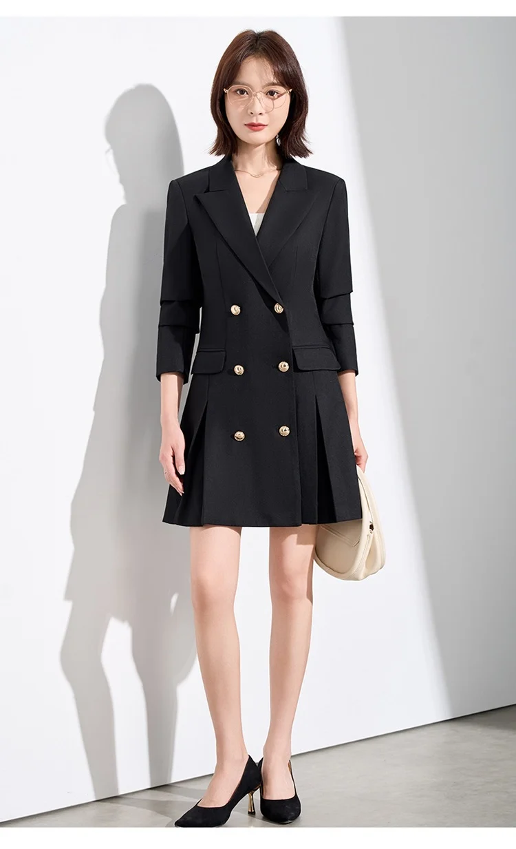 French Hepburn Style Small Black Dress High Sense High Cold Royal Sister Fried Street Small Fragrance Style Pleated Professional Suit dress Summer