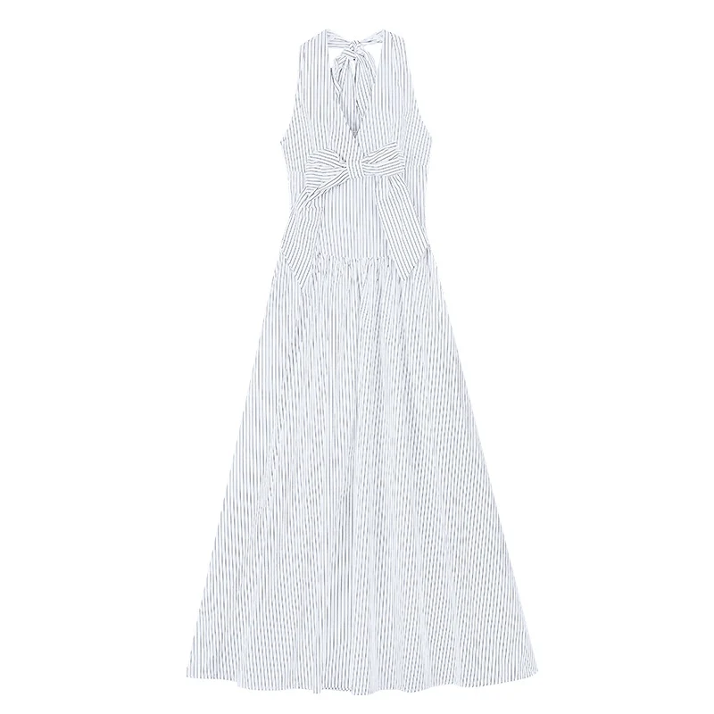 Gentle Style Stripesd Bow Halter V-Neck Dress for Women Summer Seaside Vacation A-Line Skirt French Style Long Skirt
