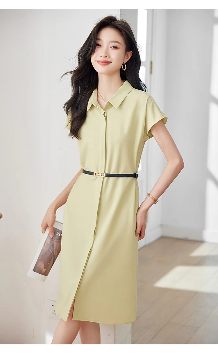 [Elegant Long Skirt] V-neck Short-sleeved dress High-end Work Clothes Mid-length Skirt Spring and Summer Business Wear Uniform
