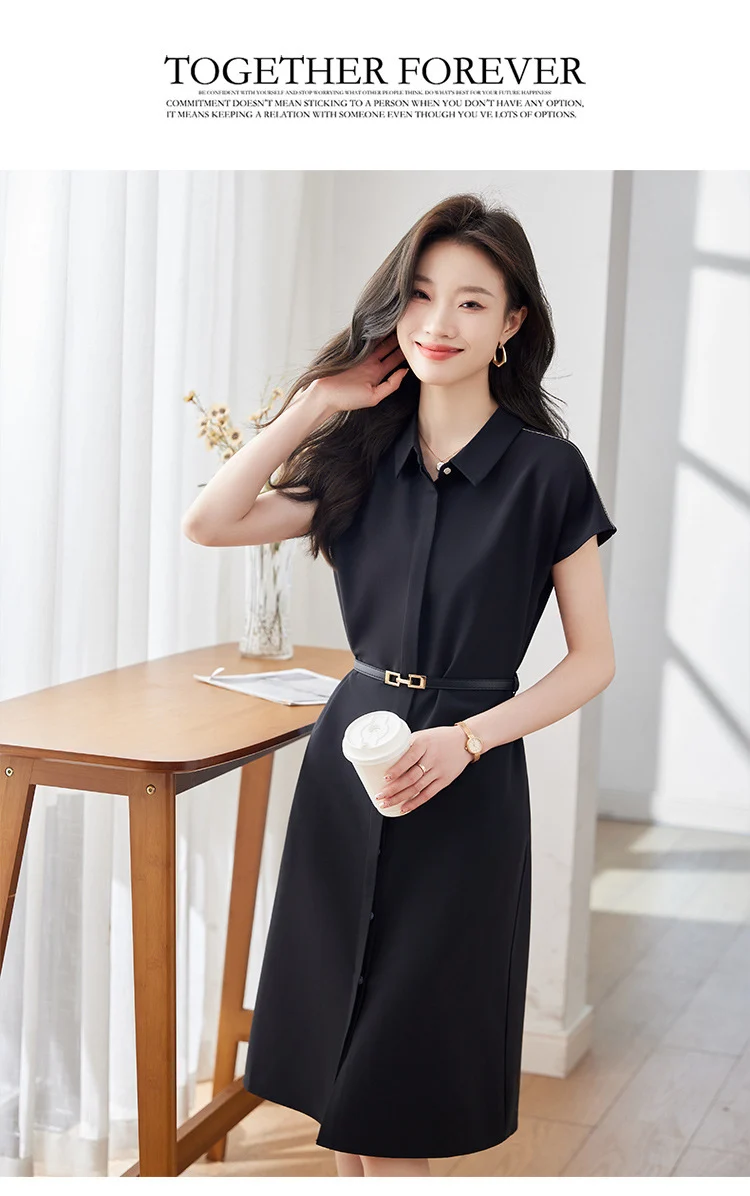 [Elegant Long Skirt] V-neck Short-sleeved dress High-end Work Clothes Mid-length Skirt Spring and Summer Business Wear Uniform