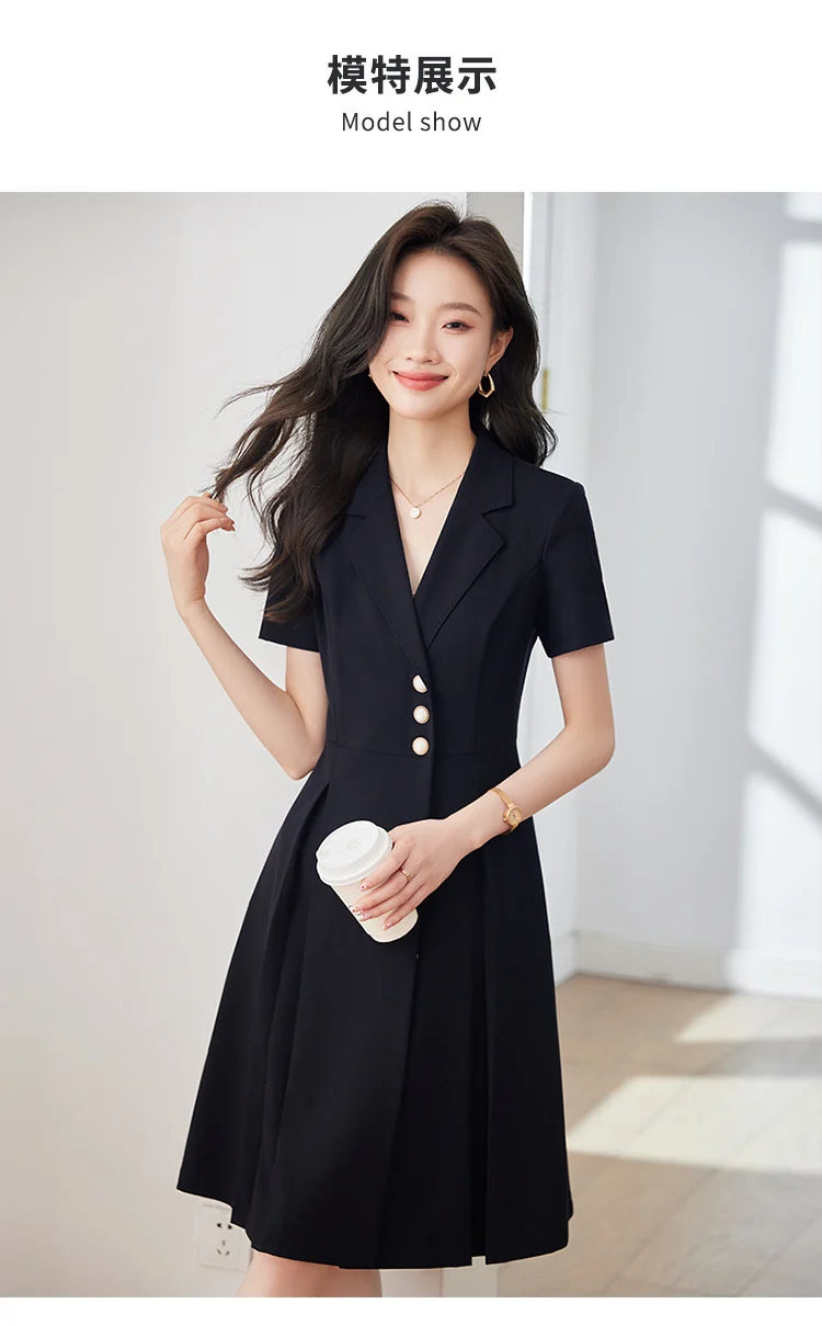 [Elegant Long Skirt] V-neck Short-sleeved dress High-end Work Clothes Mid-length Skirt Spring and Summer Business Wear Uniform