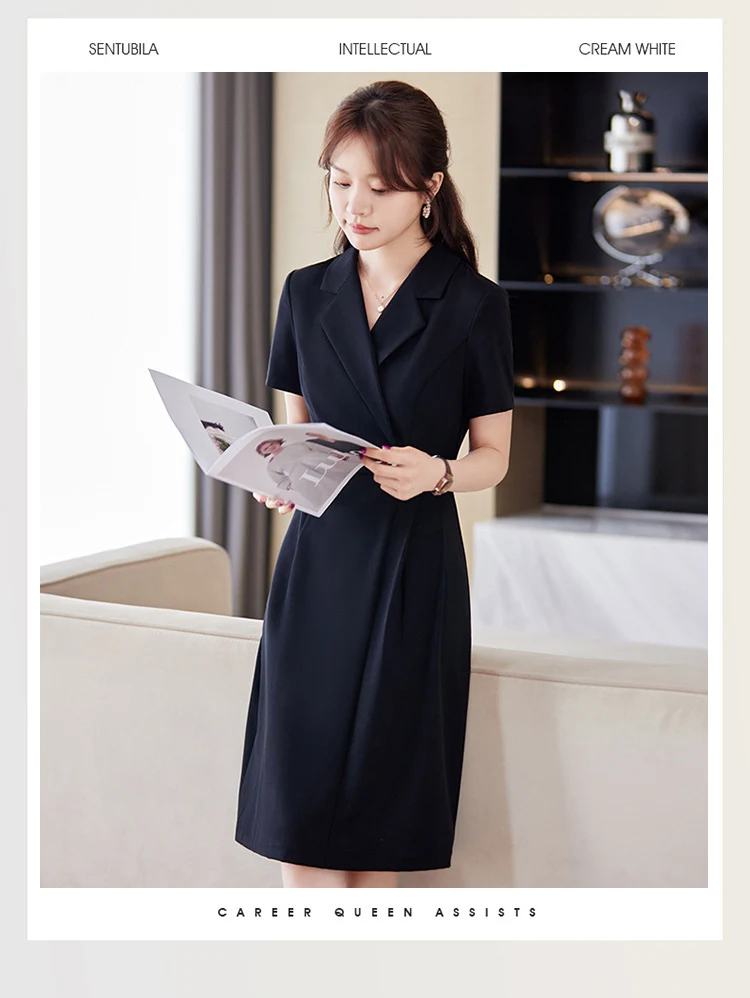 [Elegant Long Skirt] V-neck Short-sleeved dress High-end Work Clothes Mid-length Skirt Spring and Summer Business Wear Uniform