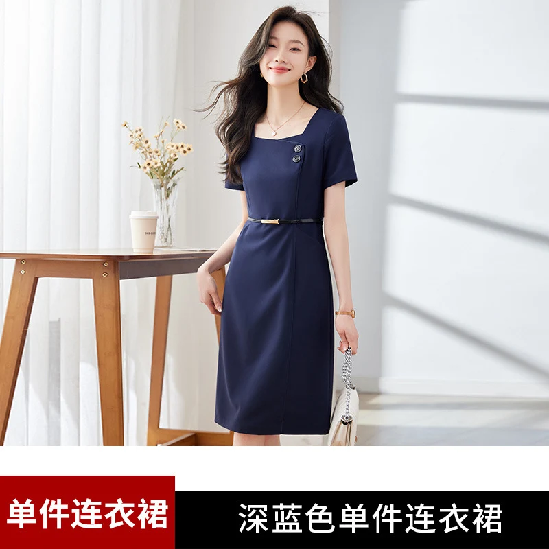 [Elegant Long Skirt] V-neck Short-sleeved dress High-end Work Clothes Mid-length Skirt Spring and Summer Business Wear Uniform