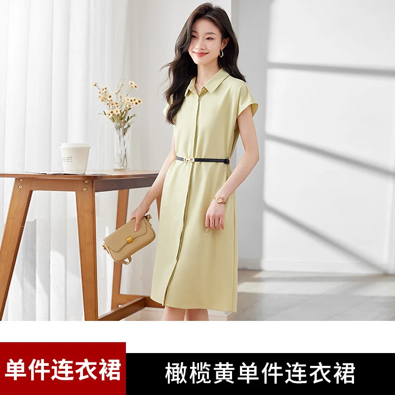 [Elegant Long Skirt] V-neck Short-sleeved dress High-end Work Clothes Mid-length Skirt Spring and Summer Business Wear Uniform