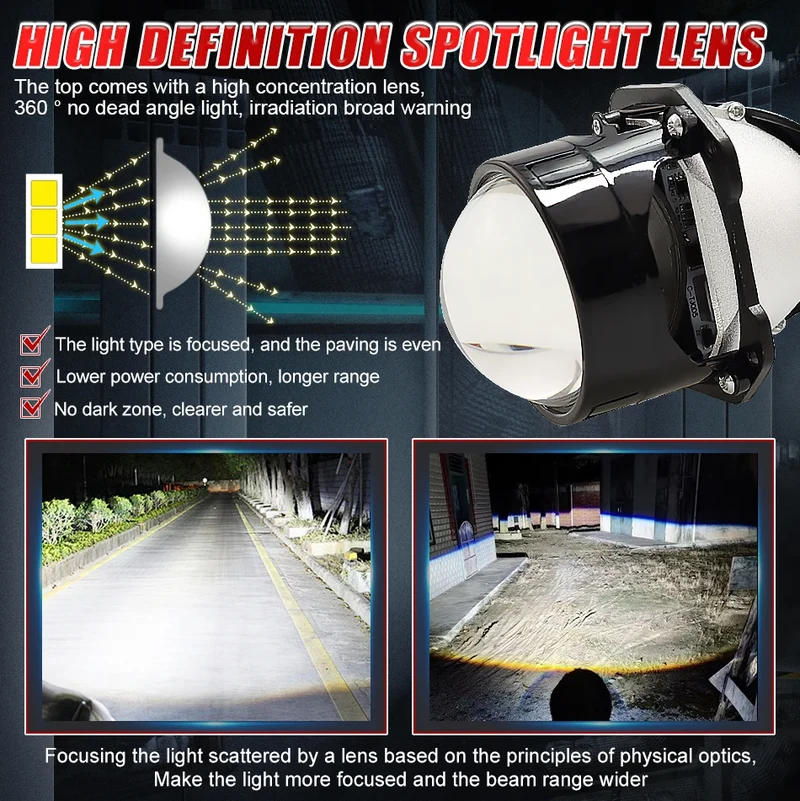 2.5 Inch Bi Led Projector Lens Led Light H4 H7 9005 9006 Car Headlight Bulb High Low Beam 6000K Diode 100W 40000LM Turbo Tuning