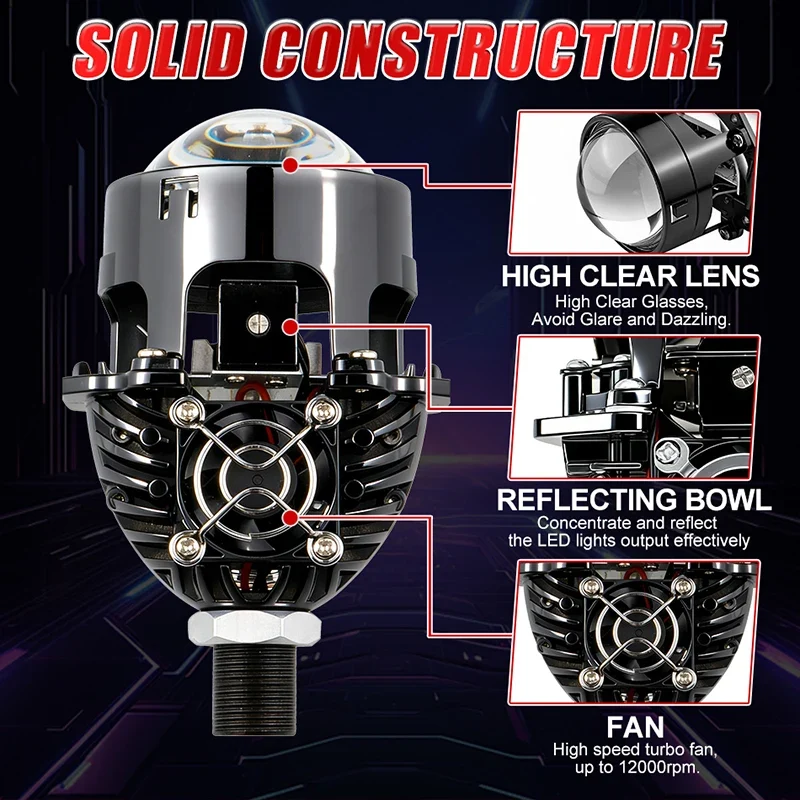 2.5 Inch Bi Led Projector Lens Led Light H4 H7 9005 9006 Car Headlight Bulb High Low Beam 6000K Diode 100W 40000LM Turbo Tuning