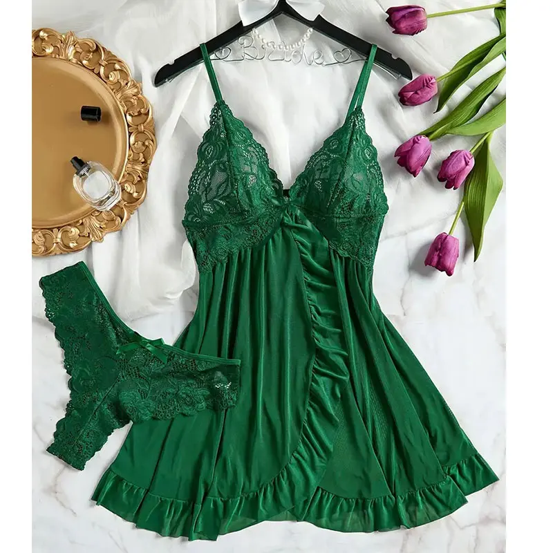 Summer Sexy Lingerie Dress Women Lace See Through Nightdress Sleepwear Solid Slim Soft V Neck Full Slip Sleepwear & Dresses
