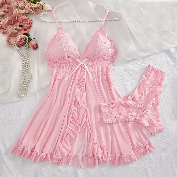 Summer Sexy Lingerie Dress Women Lace See Through Nightdress Sleepwear Solid Slim Soft V Neck Full Slip Sleepwear & Dresses