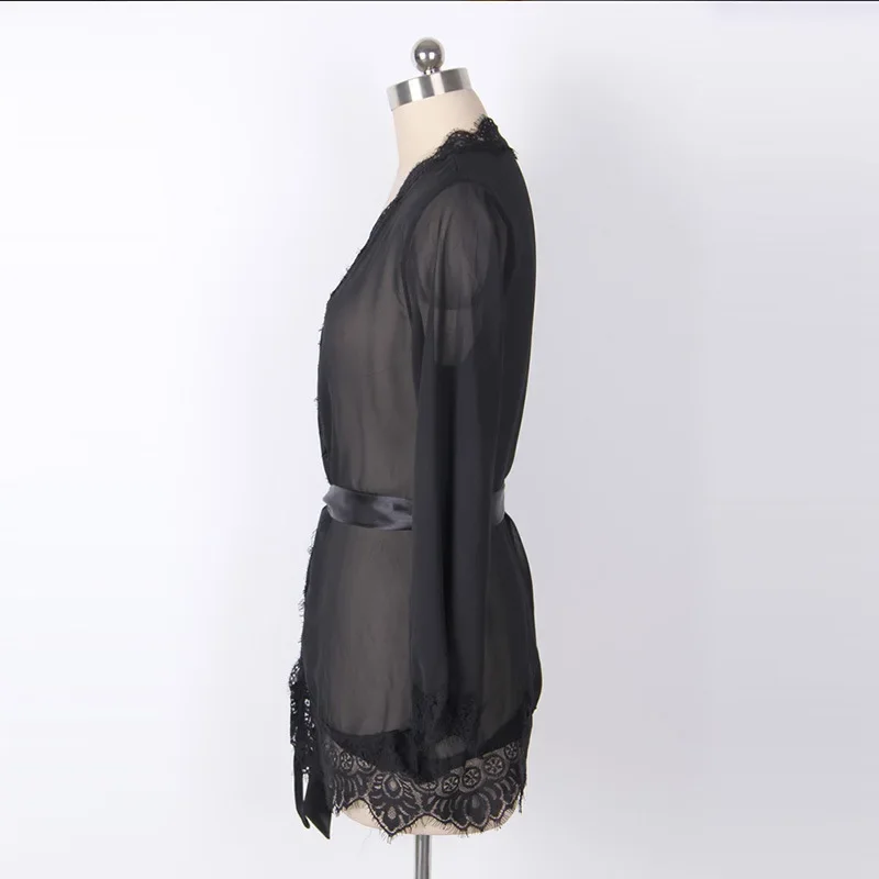 Women's Sheer Lace Kimono Robe, Long Sleeve V-Neck Belted Soft Bridal Wedding Lingerie Nightwear Multi-color