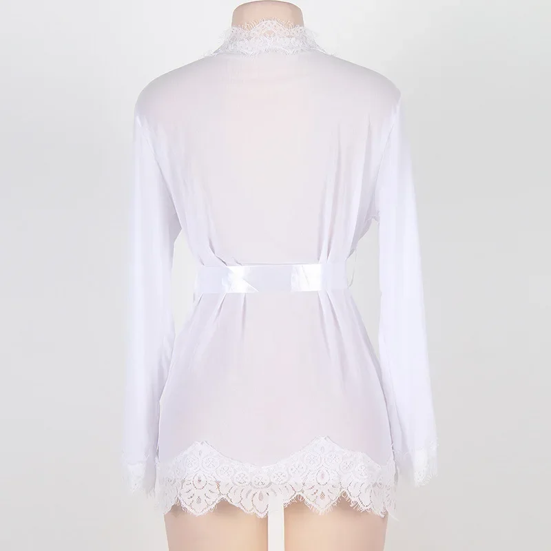 Women's Sheer Lace Kimono Robe, Long Sleeve V-Neck Belted Soft Bridal Wedding Lingerie Nightwear Multi-color