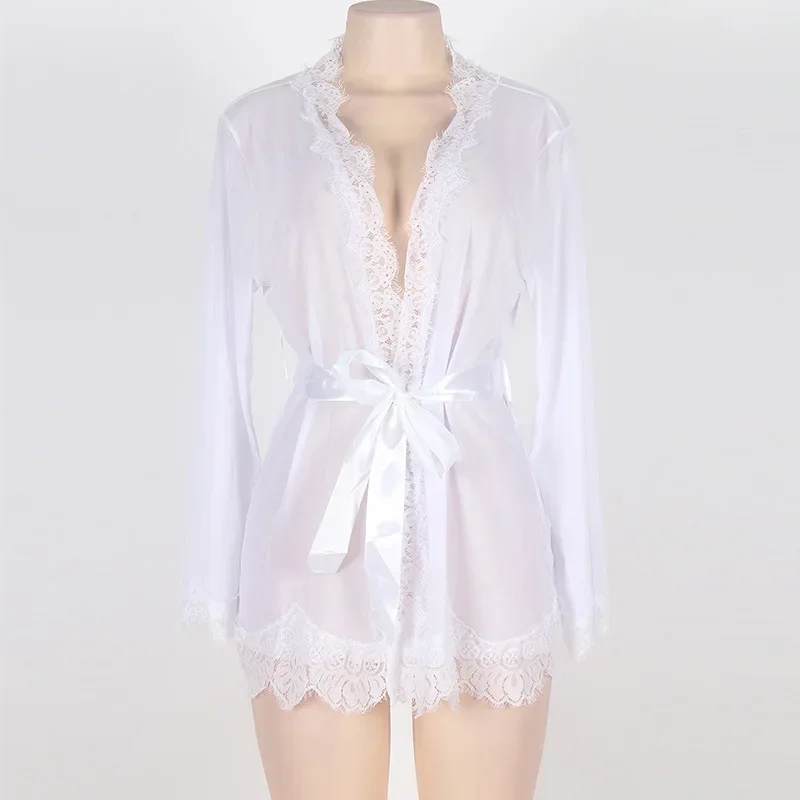 Women's Sheer Lace Kimono Robe, Long Sleeve V-Neck Belted Soft Bridal Wedding Lingerie Nightwear Multi-color