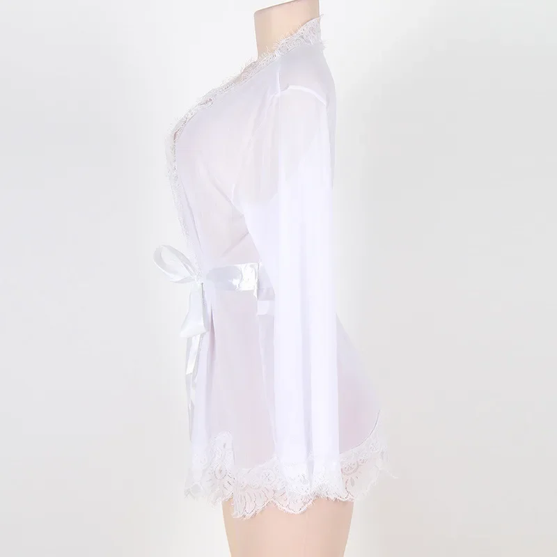 Women's Sheer Lace Kimono Robe, Long Sleeve V-Neck Belted Soft Bridal Wedding Lingerie Nightwear Multi-color